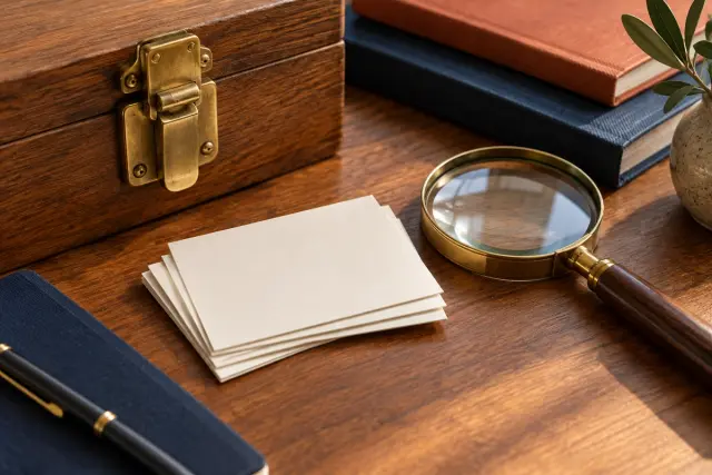 Tarjetas en blanco y una lupa junto a una caja de madera