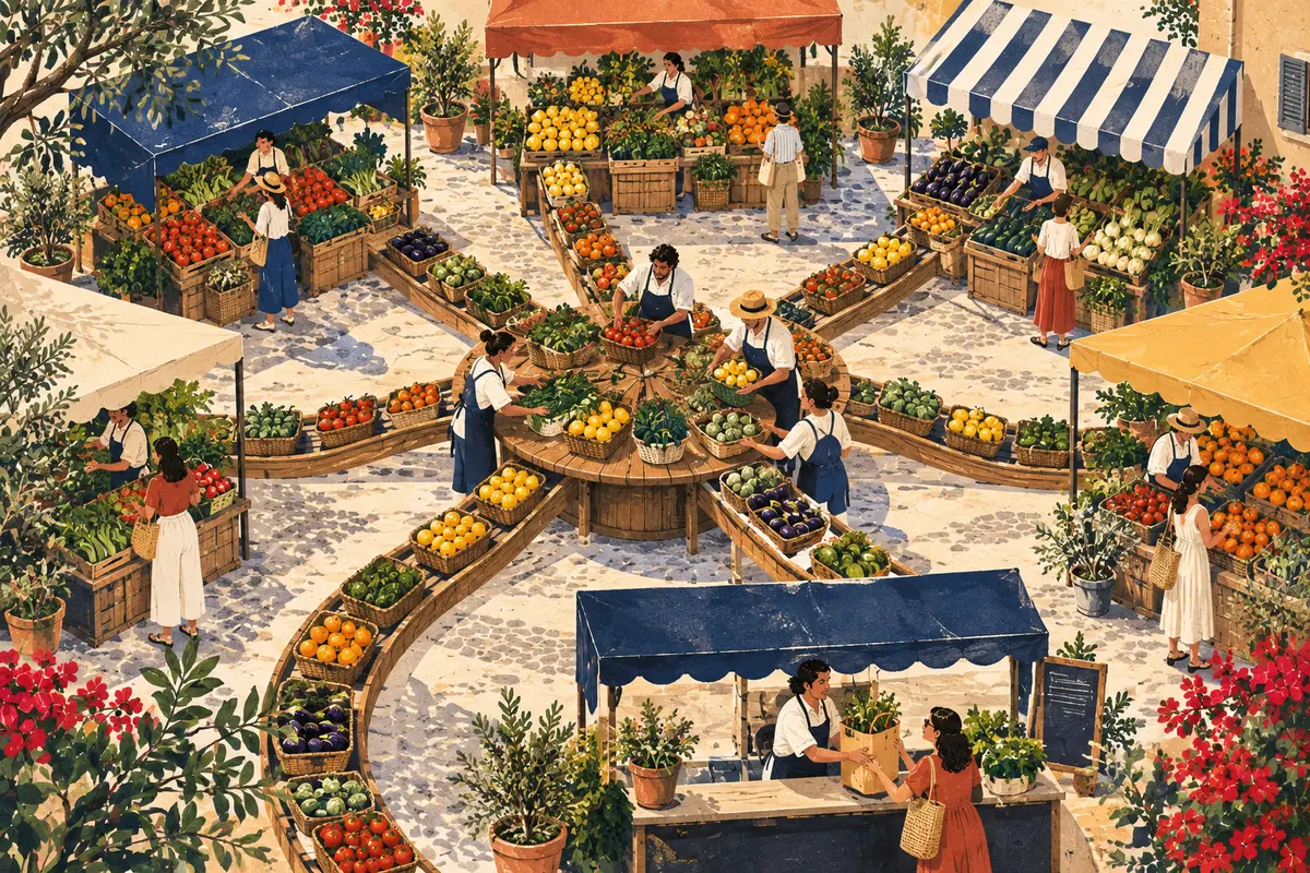 Produce stalls and basket routes converge on a central sorting table and pickup counter.