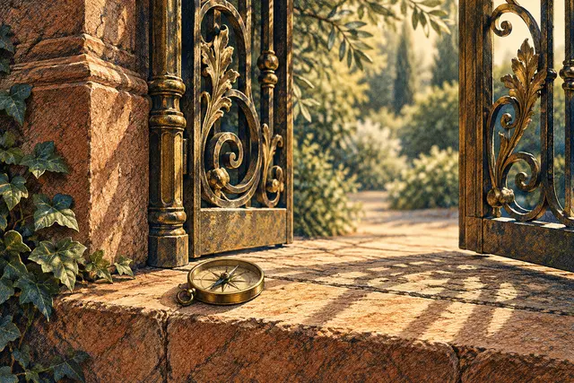Um portão de latão e uma bússola sobre um limiar de arenito.