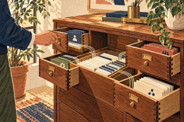 A keyed wooden cabinet connects separate drawers to a central ledger tray.