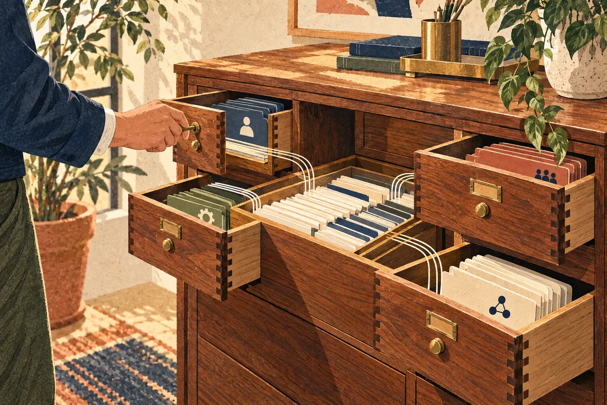 A keyed wooden cabinet connects separate drawers to a central ledger tray.