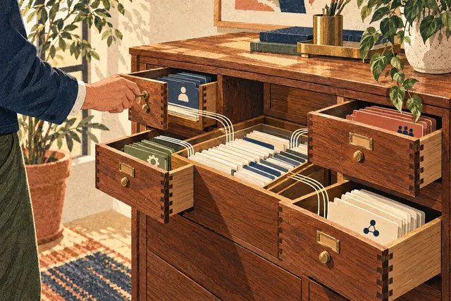 A keyed wooden cabinet connects separate drawers to a central ledger tray.