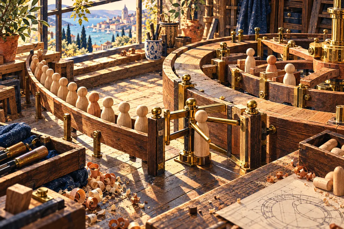 Wooden pegs queue at a brass gate beside a circular mechanism.