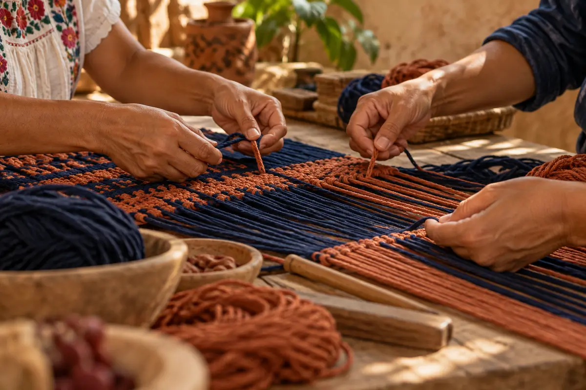 Anonymous hands weave navy and terracotta threads together.