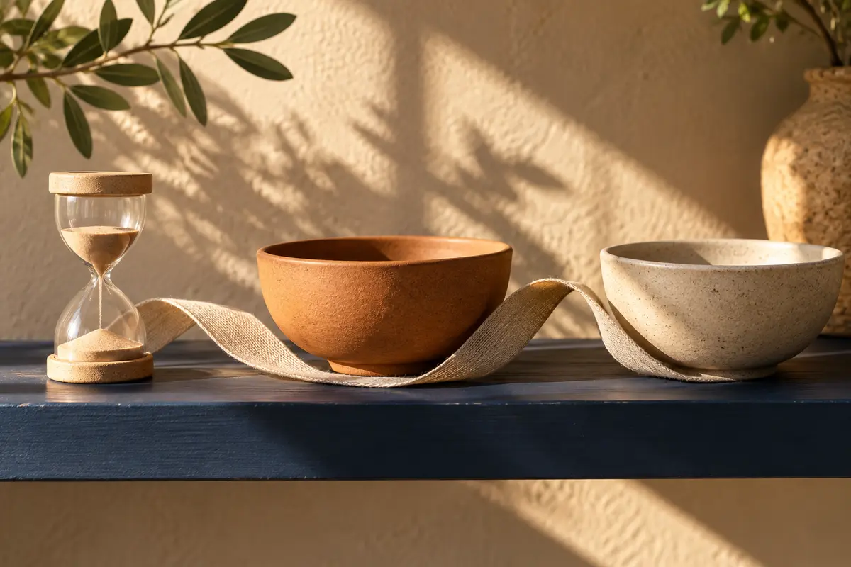An hourglass and two ceramic bowls connected by linen ribbon.