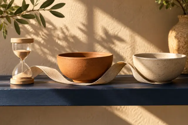 Uma ampulheta e duas tigelas de cerâmica conectadas por uma fita de linho.