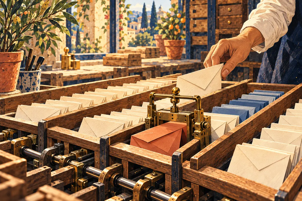 A detailed illustration of envelopes passing through a wooden sorter with one terracotta priority envelope.