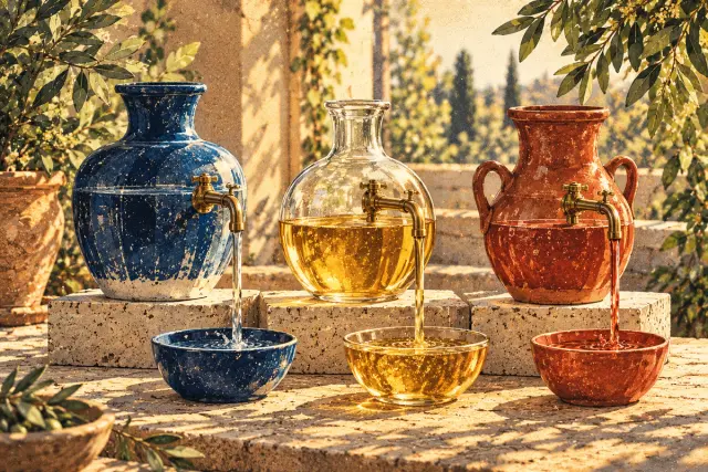 Three illustrated vessels with separate taps and matching bowls on a sunlit table.