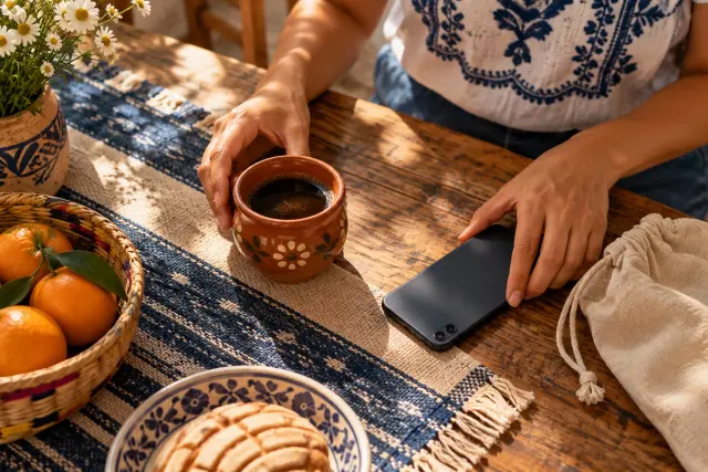 Anonymous hands beside a terracotta cup, a face-down phone and linen pouch.