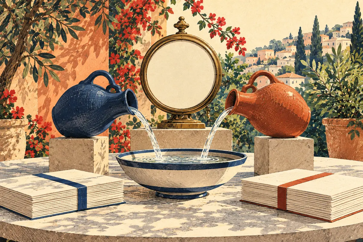 A blank clock dial and opposing ceramic vessels above a basin on a table.