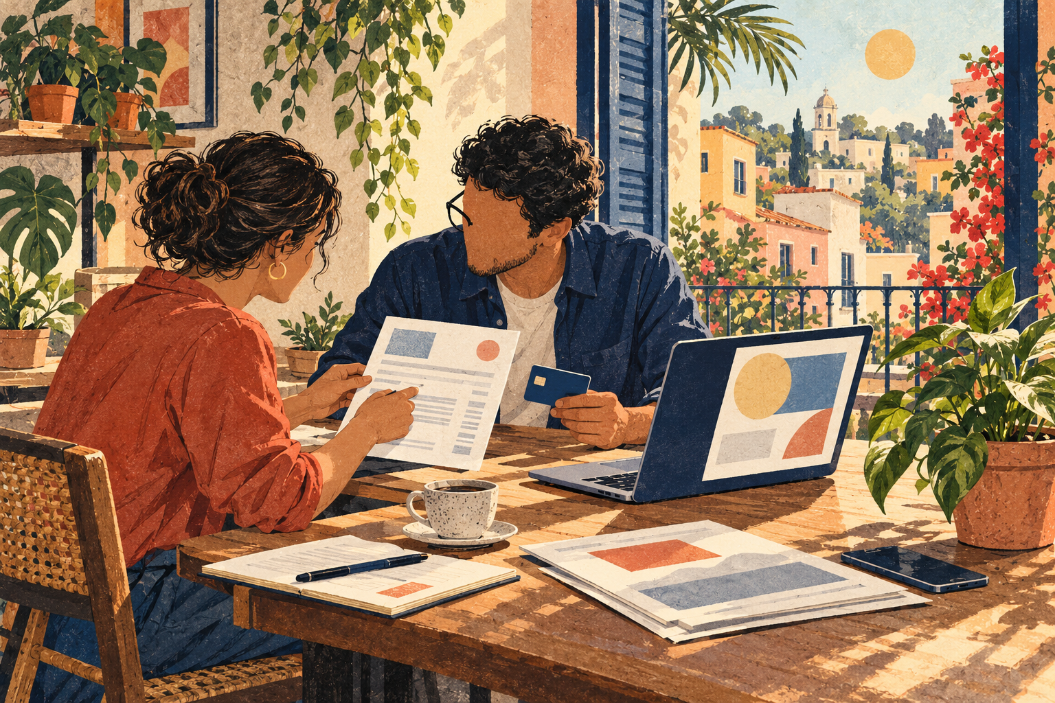Colleagues review an invoice beside a laptop and payment card.