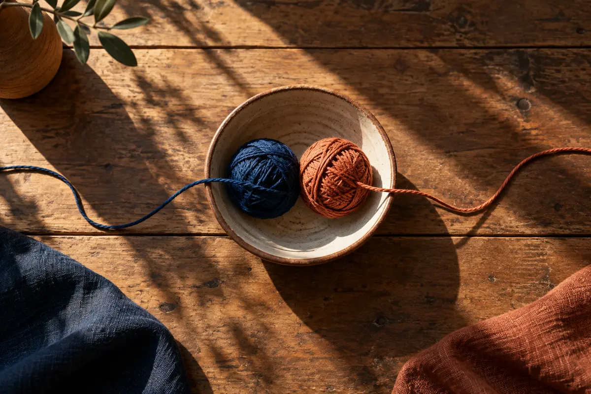 Two balls of thread in a ceramic bowl.
