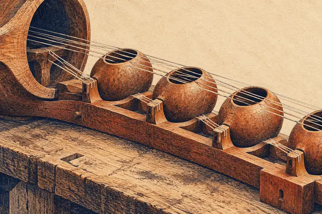 Um instrumento acústico de madeira com cordas e câmaras de ressonância.
