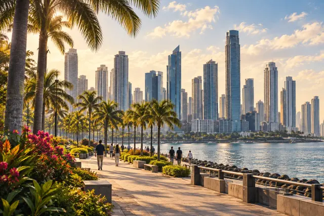 Contextual cityscape with a tropical waterfront promenade, distant pedestrians and modern financial towers.