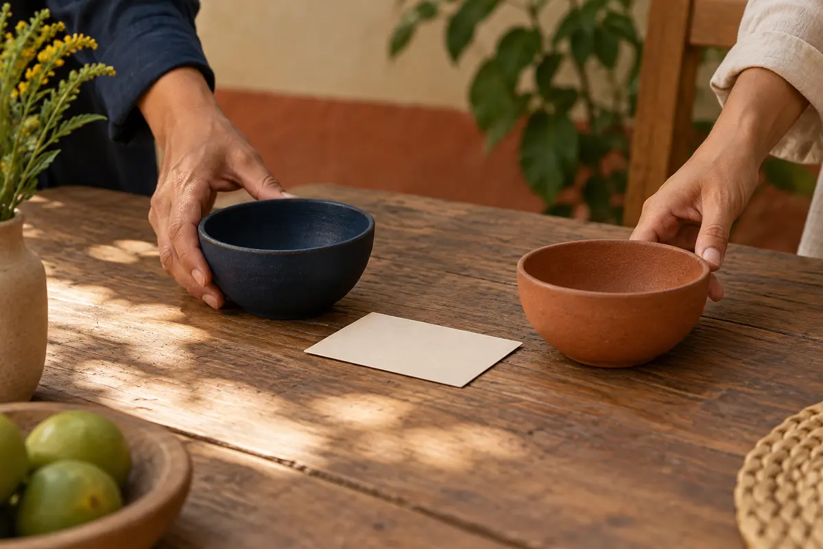 Anonymous hands arrange two bowls on a wooden table