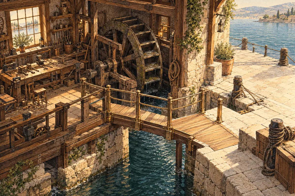 Ilustración detallada de un taller detenido con una salida construida hacia un muelle abierto.