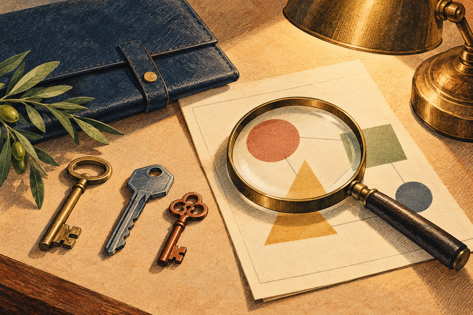 Three keys and a magnifying glass sit beside a page of geometric relationships.
