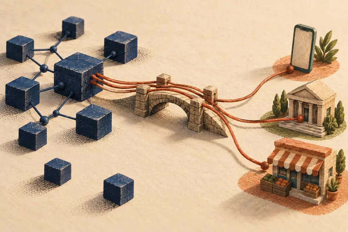 Threads cross a miniature bridge from connected blocks toward a phone, a bank and a neighborhood shop.