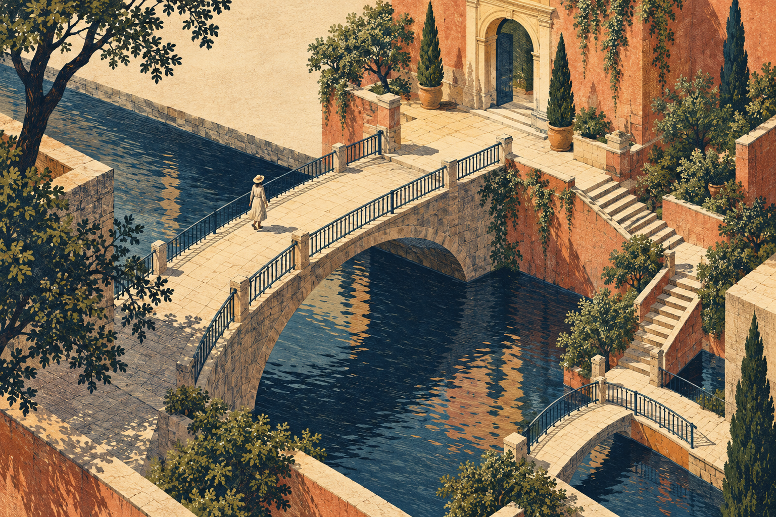 Two separate canal crossings lead toward a shared building.
