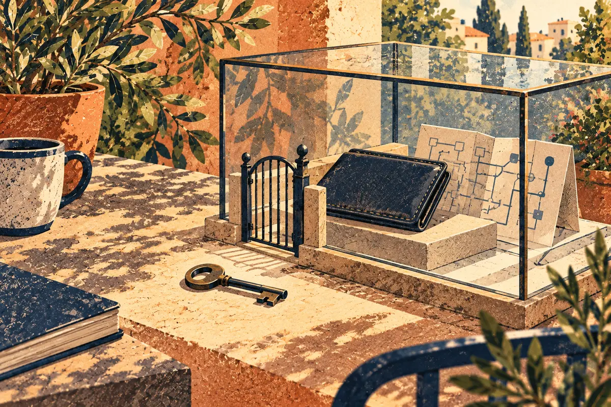 A key lies outside a glass compartment containing a wallet and an abstract circuit drawing.