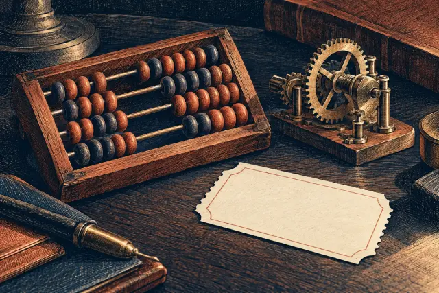 An abacus and gear beside a blank ticket.