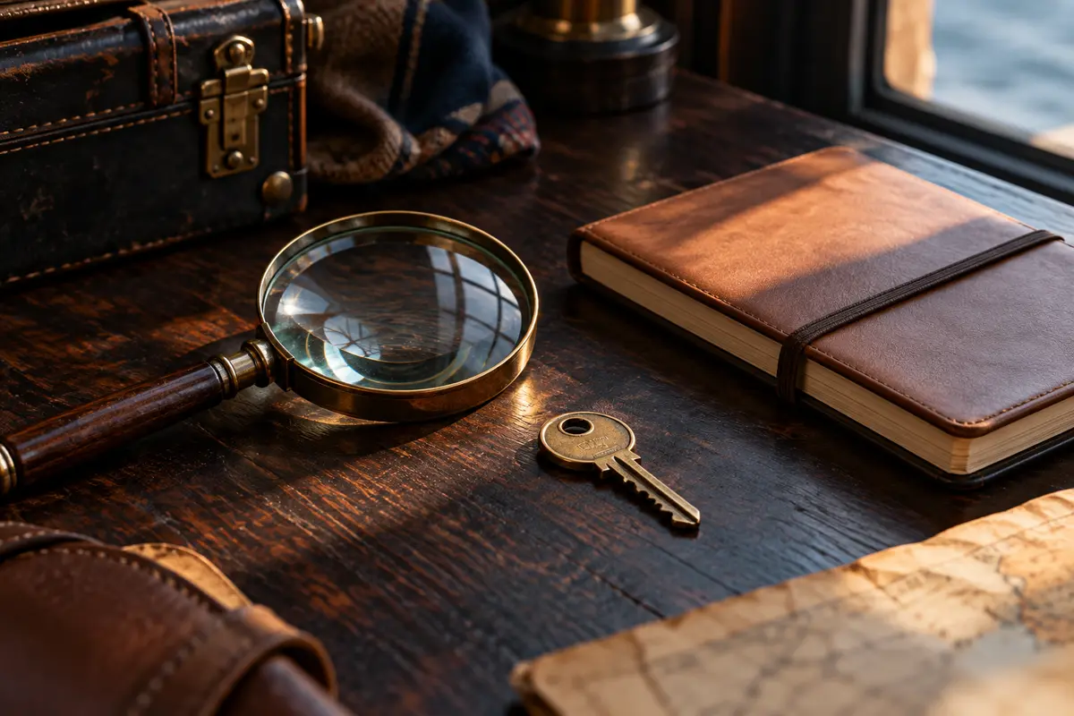 A magnifying glass and key beside a closed notebook.