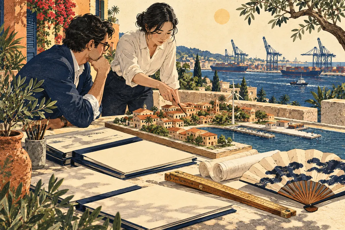 Carpetas, maquetas y un abanico plegado sobre una mesa de planificación junto al puerto.
