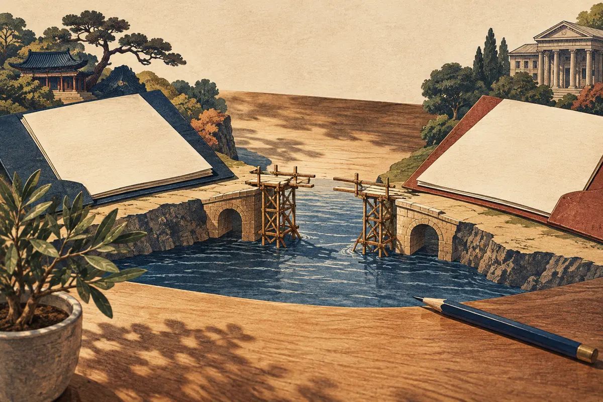 Open folders face an unfinished miniature bridge between two shores.