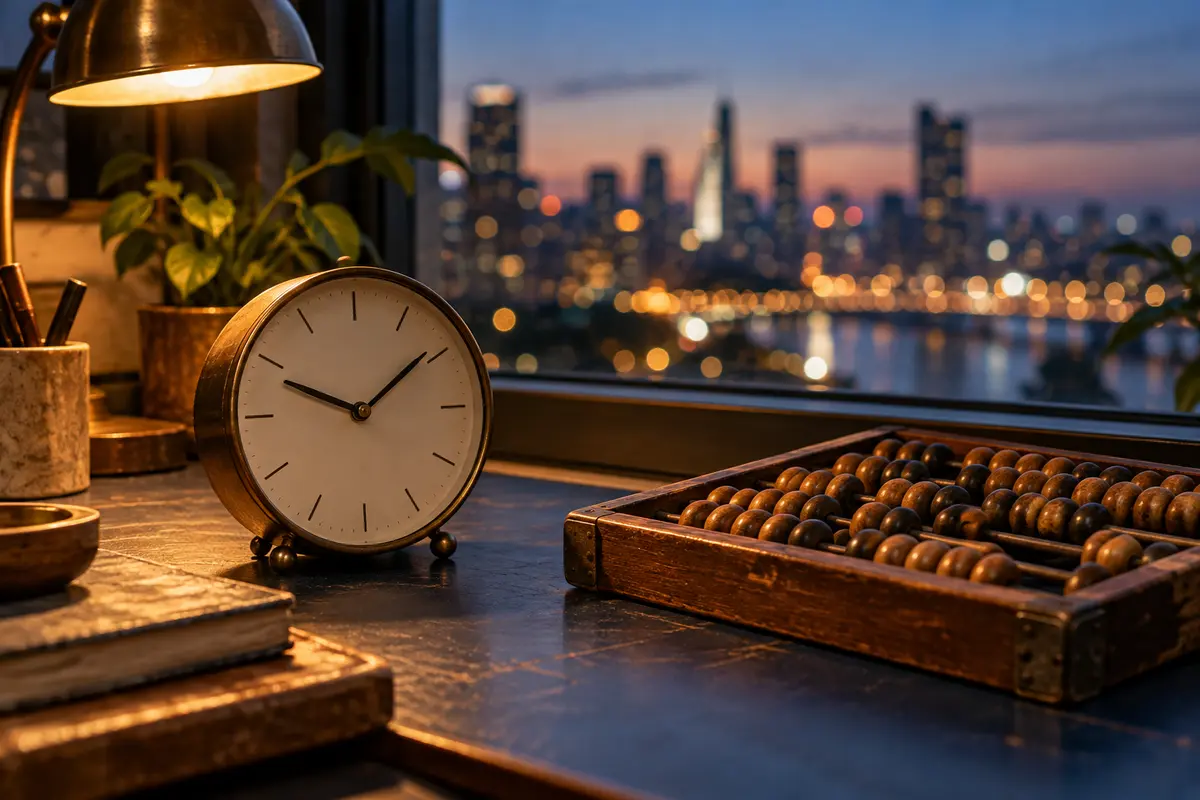Un reloj de escritorio y un ábaco de madera junto a una ventana al anochecer.