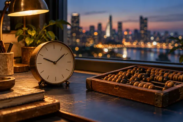 A desk clock and wooden abacus beside a window at twilight.