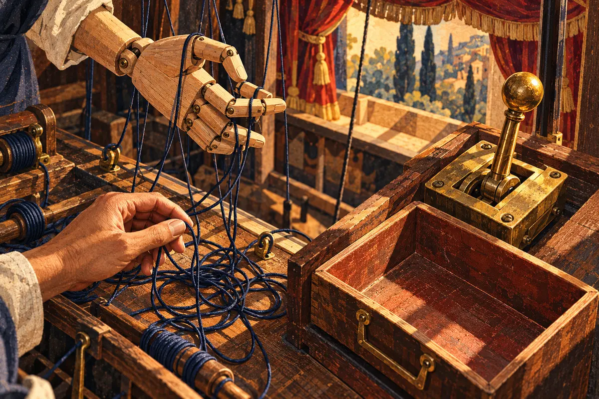 An articulated wooden hand hangs above tangled cords beside a brass lever.