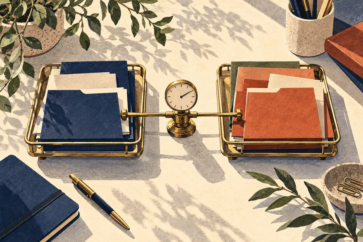 Two trays of document folders are linked by a brass mechanism beside a small clock.