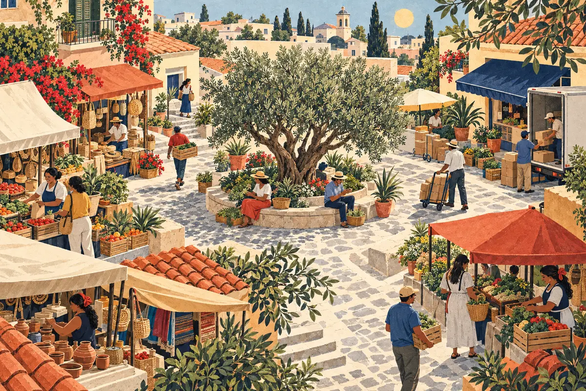 An overhead view shows shopkeepers, parcels and crossing paths around an olive tree in a market courtyard.