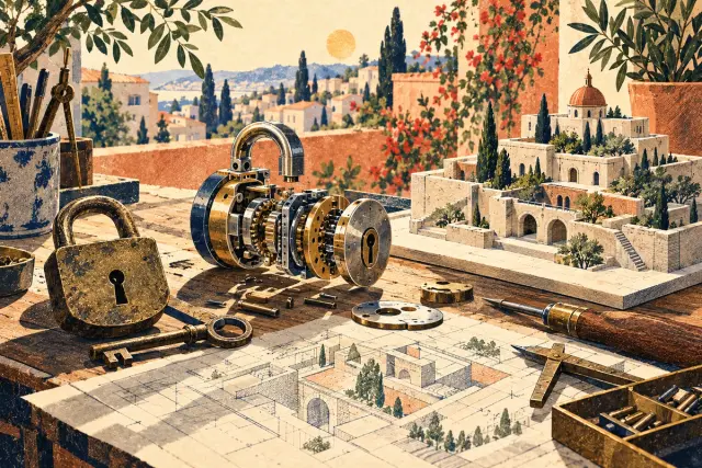 Dos mecanismos de cerradura diferentes y una maqueta arquitectónica reposan sobre una mesa de cerrajería.