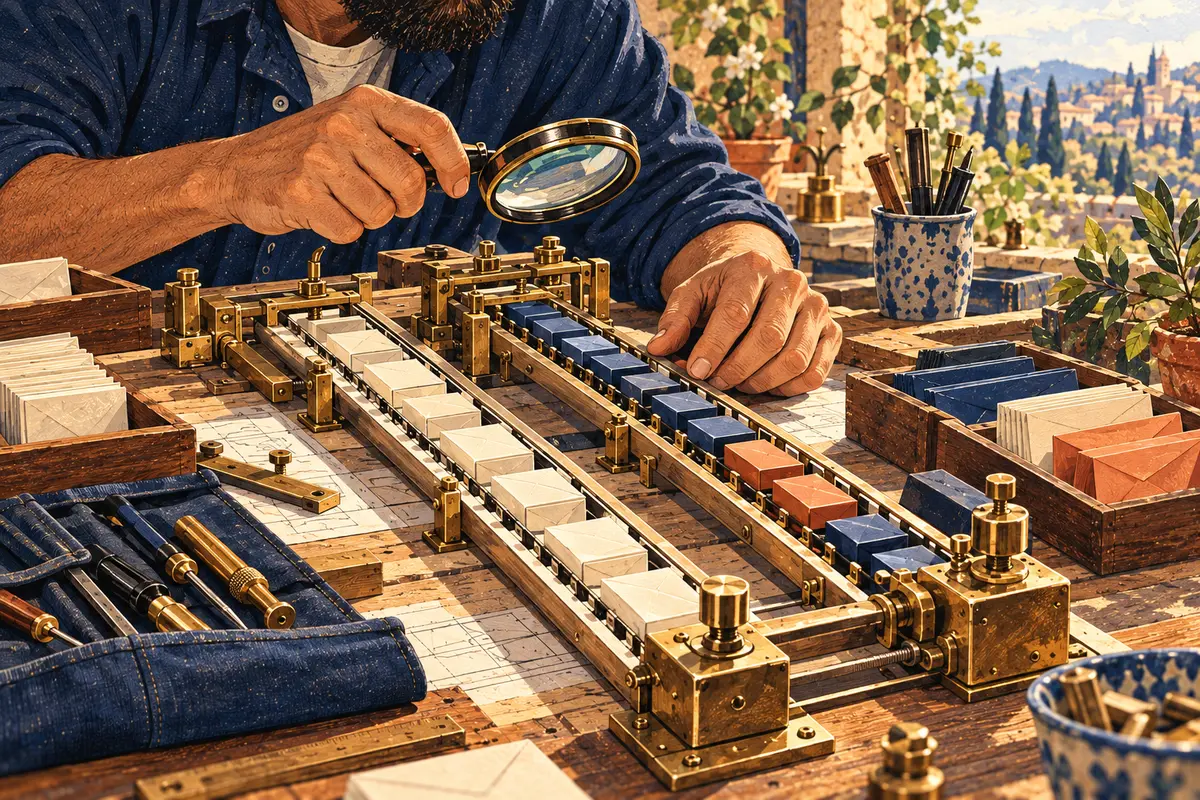 Manos ilustradas inspeccionan dos vías separadas de un mecanismo de madera y latón.