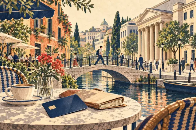 A plain payment card and ledger beside a canal bridge and financial buildings.