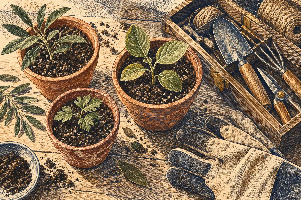 Seedlings in clay pots beside gardening tools.