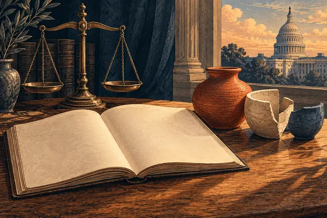 Un libro abierto, una balanza y recipientes de cerámica.