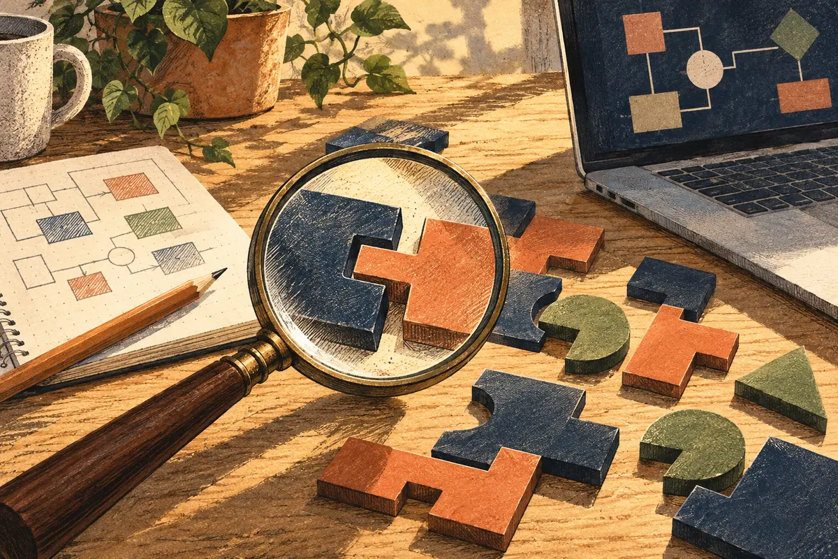 A magnifying glass examines interlocking geometric pieces beside a laptop and notebook.