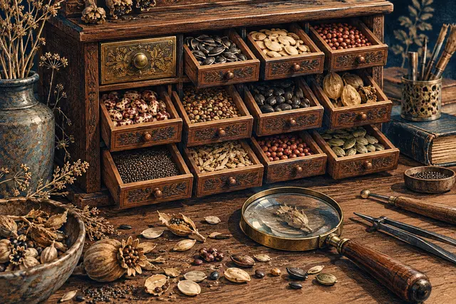 An illustrated seed cabinet with open trays, a closed drawer and repair tools.