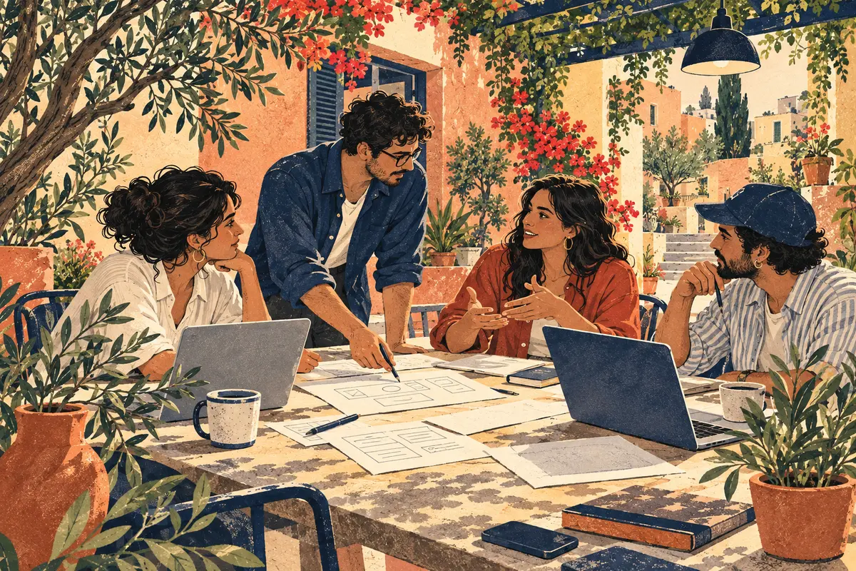 Four people discuss paper prototypes and laptops around a courtyard table.