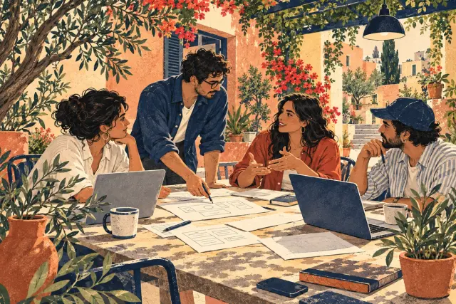 Four people discuss paper prototypes and laptops around a courtyard table.