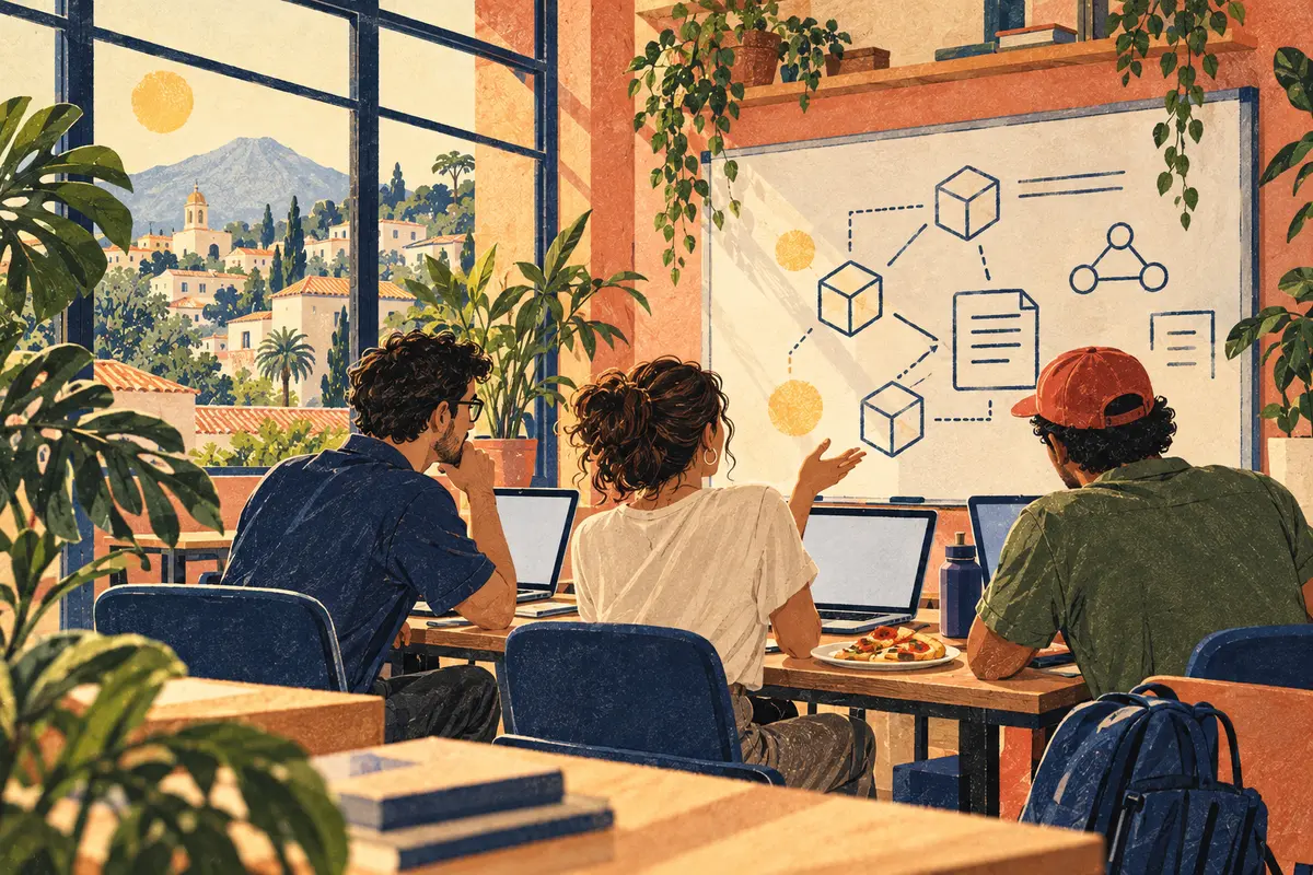 Estudiantes adultos colaboran con laptops en un laboratorio universitario junto a un pequeño plato de pizza.