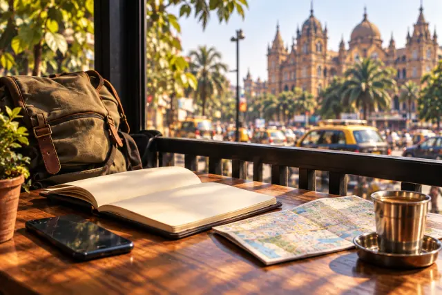 A notebook, folded map, phone and travel bag on a café table beside a window overlooking a city street.