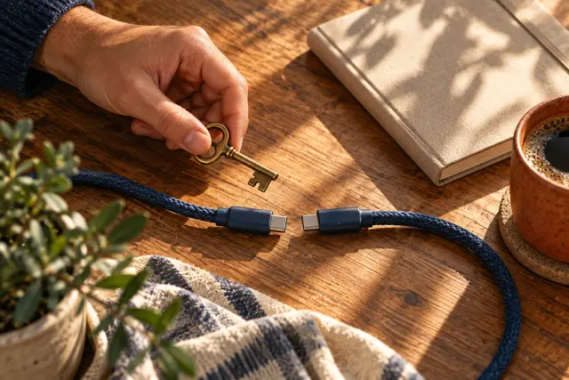 An anonymous hand holds a brass key above separated navy cables on a wooden desk.