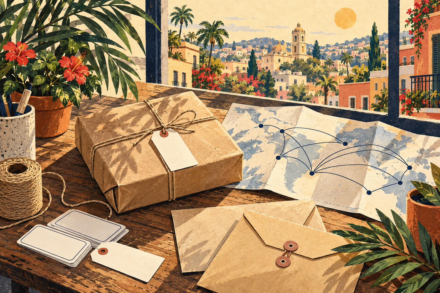 A parcel, documents and an abstract route map suggest cross-border business.