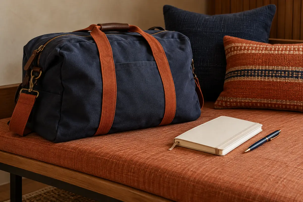 A travel bag, notebook and pen on a bench.