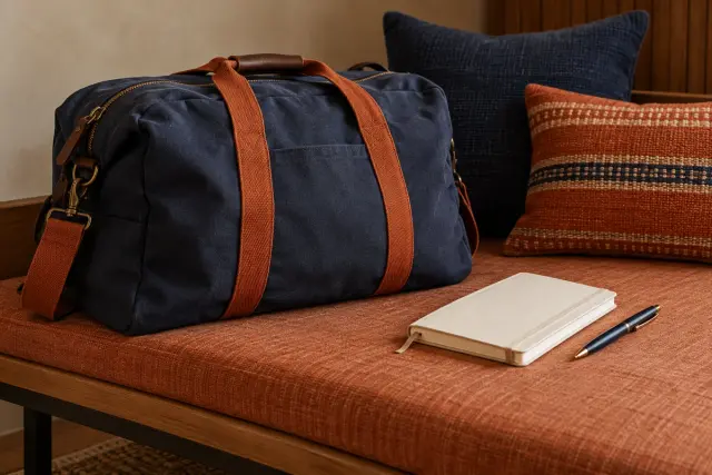 Una bolsa de viaje, un cuaderno y un bolígrafo sobre un banco.