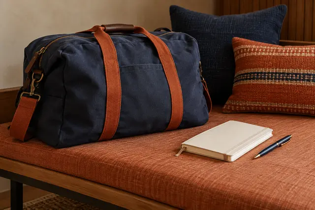 Una bolsa de viaje, un cuaderno y un bolígrafo sobre un banco.