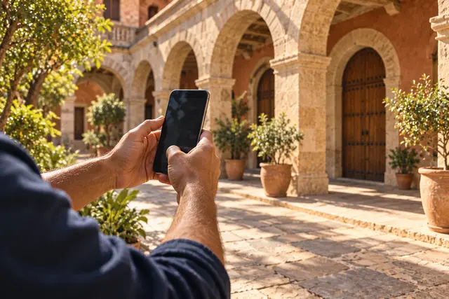 Anonymous hands hold an unreadable phone toward a sunlit stone courtyard.